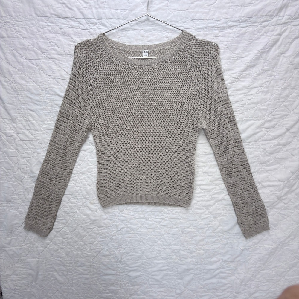 Uniqlo Womens XXS Mesh Knit Sweater Open Weave Long Sleeve Boho Neutral Layering